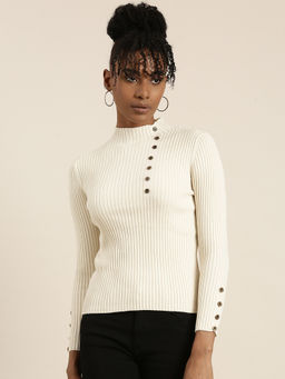 SHOWOFFFF - Womens High Neck Solid Regular Off White Top