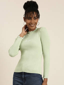 SHOWOFFFF - Womens High Neck Solid Regular Sleeves Fitted Sea Green Top