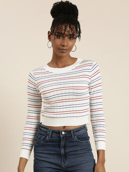 SHOWOFFFF - Womens Round Neck Striped White Crop Top
