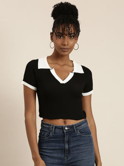 SHOWOFFFF - Womens Shirt Collar Solid Regular Sleeves Fitted Black Crop Top