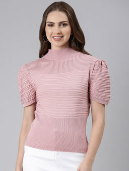 SHOWOFFFF - Womens High Neck Self Design Puff Sleeves Regular Pink Top