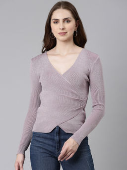 SHOWOFFFF - Womens V-Neck Regular Sleeves Wrap Lavender Top