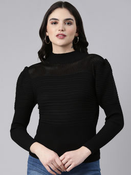 SHOWOFFFF - Womens High Neck Self Design Puff Sleeves Fitted Black Top