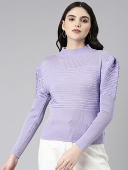 SHOWOFFFF - Womens High Neck Self Design Puff Sleeves Fitted Lavender Top