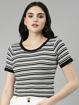 SHOWOFFFF - Womens Round Neck Striped Regular Sleeves Fitted Black Regular Top