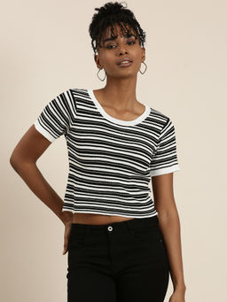 SHOWOFF - Womens Round Neck Striped Regular Sleeves Fitted White Crop Top