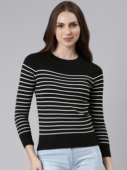 SHOWOFFFF - Womens Round Neck Striped Regular Black Top