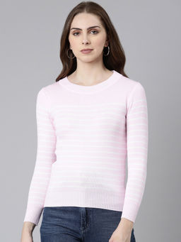 SHOWOFFFF - Womens Round Neck Striped Regular Pink Top