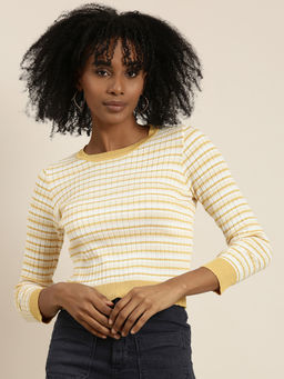 SHOWOFFFF - Womens Round Neck Striped Regular Sleeves Fitted Mustard Top
