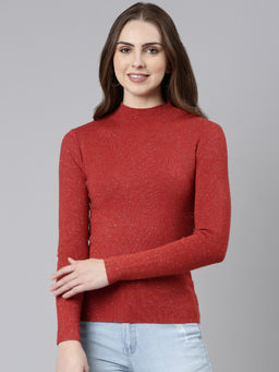 SHOWOFFFF - Womens High Neck Solid Regular Red Top