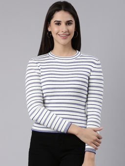 SHOWOFFFF - Womens Round Neck Striped Regular White Top