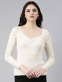 SHOWOFFFF - Womens Solid Regular Sleeves Fitted Cream Top