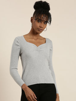 SHOWOFFFF - Womens Solid Regular Sleeves Fitted Grey Top
