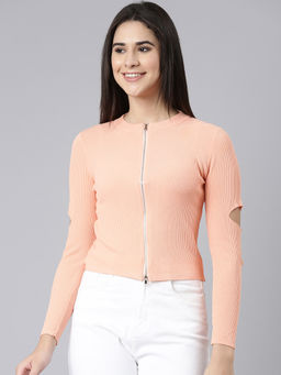SHOWOFFFF - Womens Round Neck Solid Regular Peach Top