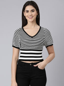 SHOWOFF - Womens V-Neck Striped Regular Black Crop Top