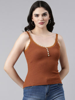 SHOWOFFFF - Womens Shoulder Straps Solid Sleeveless Brown Regular Top