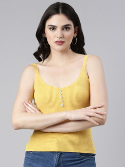 SHOWOFFFF - Womens Shoulder Straps Solid Sleeveless Mustard Regular Top