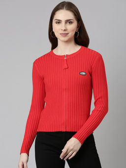 SHOWOFFFF - Womens Round Neck Solid Regular Sleeves Fitted Red Top