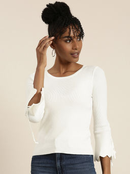 SHOWOFFFF - Womens Round Neck Solid Bell Sleeves Fitted White Top