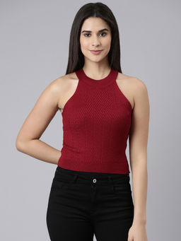 SHOWOFFFF - Womens Halter Neck Self Design Sleeveless Regular Maroon Top