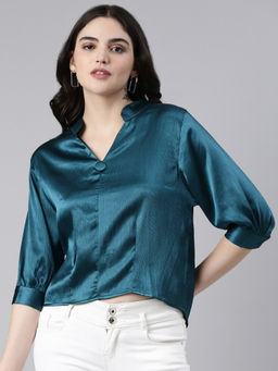 SHOWOFFFF - Womens Cuffed Sleeves Solid Teal Regular Top