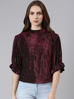 SHOWOFFFF - Womens High Neck Blouson Burgundy Regular Top
