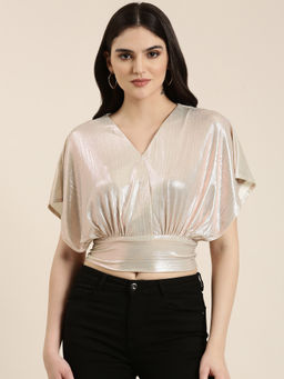 SHOWOFF - Womens V-Neck Flutter Sleeves Solid Blouson Metallic Cream Crop Top