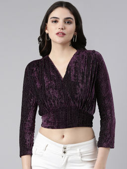 SHOWOFFFF - Womens V-Neck Regular Sleeves Glitter Cinched Waist Purple Crop Top