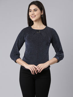 SHOWOFF - Womens Round Neck Cuffed Sleeves Embellished Navy Blue Regular Top
