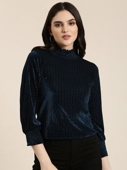 SHOWOFFFF - Womens High Neck Cuffed Sleeves Self Design Regular Top