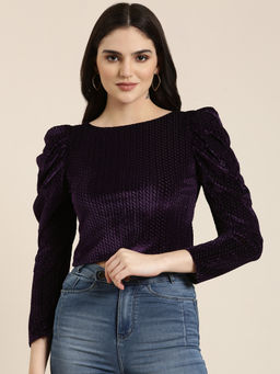 SHOWOFFFF - Womens Boat Neck Puff Sleeves Self Design Purple Crop Top