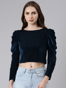 SHOWOFFFF - Womens Boat Neck Puff Sleeves Self Design Regular Top