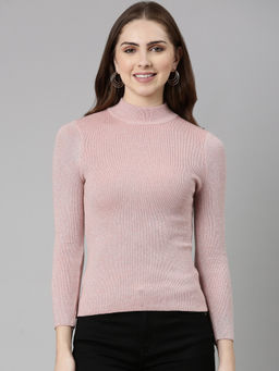 SHOWOFFFF - Womens High Neck Regular Sleeves Fitted Pink Top