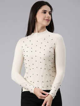 SHOWOFFFF - Womens High Neck Raglan Sleeves Fitted Beige Top