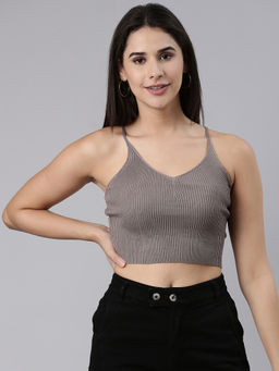 SHOWOFFFF - Womens Shoulder Straps Solid Grey Tank Crop Top