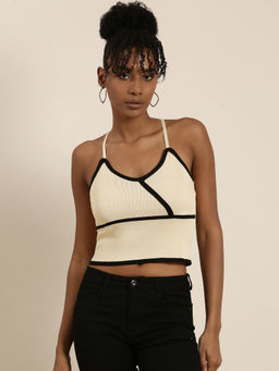 SHOWOFFFF - Womens Shoulder Straps Solid Sleeveless Beige Crop Top