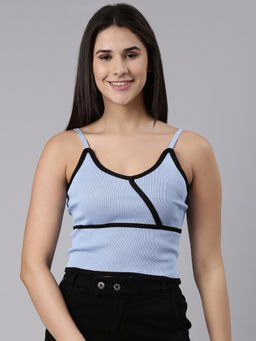 SHOWOFF - Womens Shoulder Straps Solid Sleeveless Blue Crop Top