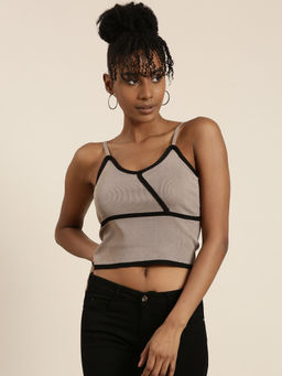 SHOWOFF - Womens Shoulder Straps Solid Sleeveless Taupe Crop Top