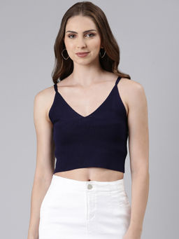 SHOWOFF - Womens Shoulder Straps Solid Sleeveless Navy Blue Crop Top