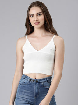 SHOWOFFFF - Womens Shoulder Straps Solid Sleeveless Off White Crop Top