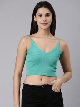 SHOWOFF - Womens Shoulder Straps Solid Sleeveless Sea Green Crop Top
