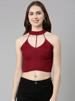 SHOWOFFFF - Womens Halter Neck Solid Sleeveless Fitted Maroon Crop Top