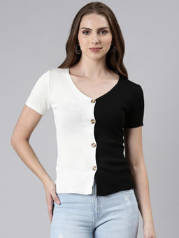 SHOWOFFFF - Womens V-Neck Colourblocked Regular Black Top