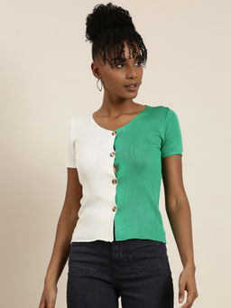SHOWOFFFF - Womens V-Neck Colourblocked Regular Green Top