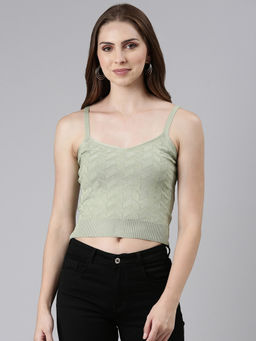SHOWOFF - Womens Shoulder Straps Sleeveless Fitted Olive Crop Top