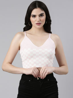 SHOWOFF - Womens Shoulder Straps Checked Sleeveless Fitted Pink Crop Top