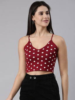 SHOWOFF - Womens Shoulder Straps Printed Sleeveless Maroon Crop Top
