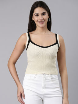 SHOWOFFFF - Womens Shoulder Straps Solid Sleeveless Fitted Beige Crop Top