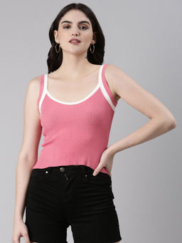 SHOWOFFFF - Womens Shoulder Straps Solid Sleeveless Fitted Pink Crop Top