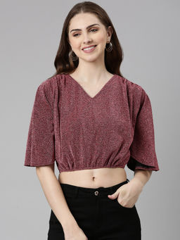 SHOWOFFFF - Womens V-Neck Glitter Flared Sleeves Magenta Crop Top